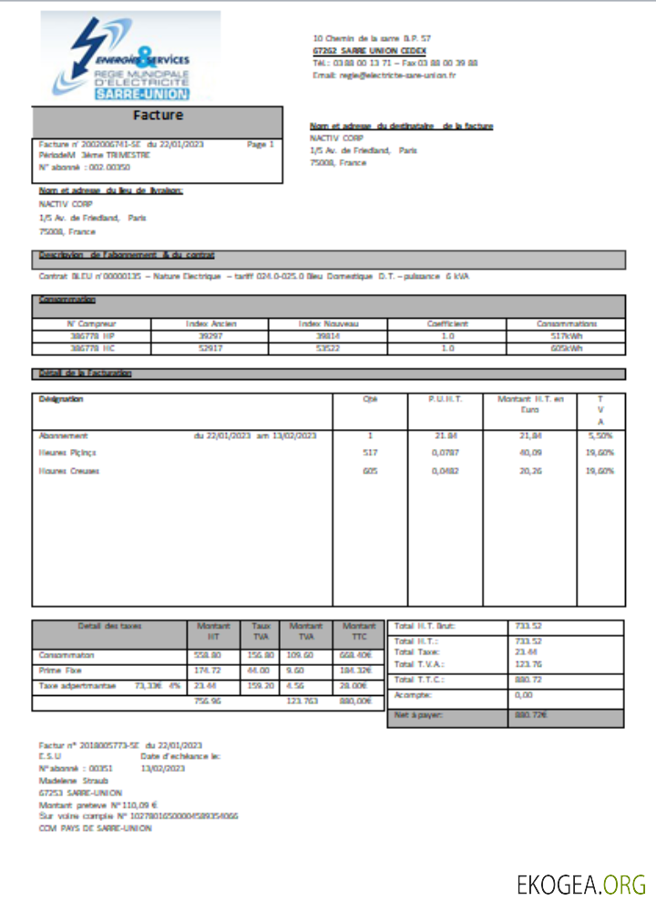 Énergies & Services Régie Municipale d'Électricité Sarre Union électricité entreprise facture, SCR